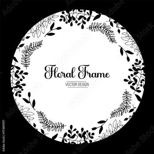 Elegant Black and White Floral Frame. A sophisticated circular frame featuring delicate black and white floral illustrations, perfect for wedding invitations, cards, or elegant designs.
