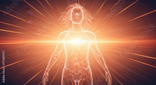 Glowing Human Figure with Energy Light Rays