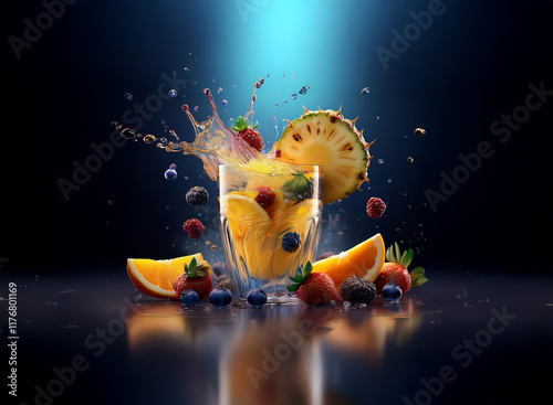 A vibrant image showcasing a glass filled with tropical fruits and berries, suspended mid-air amidst a splash of juice.  The scene is dramatically lit, highlighting the freshness and energy of the fru photo