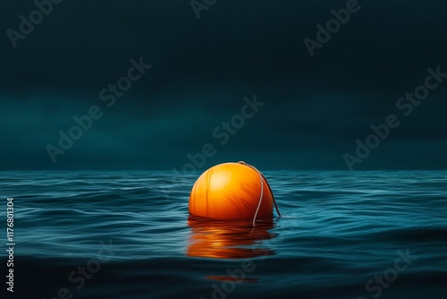 Floating orange buoy on dark water with a moody atmosphere.