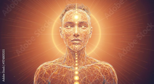 Glowing Woman Portrait with Chakra Points and Energy Field