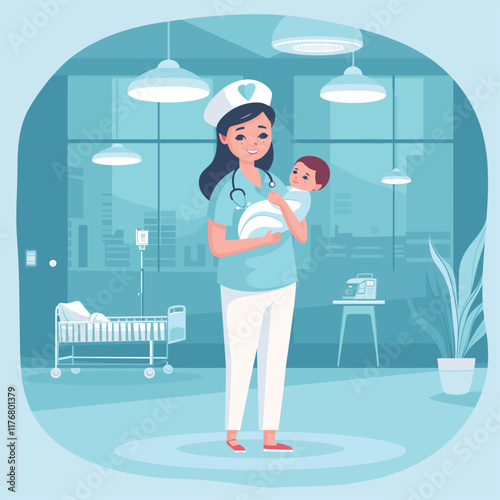 Nurse holding a baby in a medical setting.