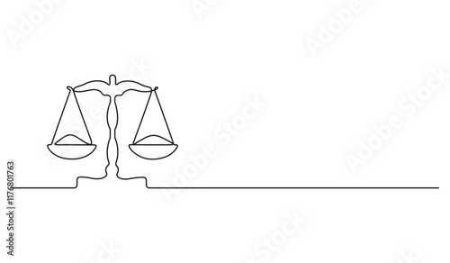 Continuous one line drawing of libra. Law business symbol of weight balance. Weight balance symbol. Libra or law identity one line drawing style. Vector illustration