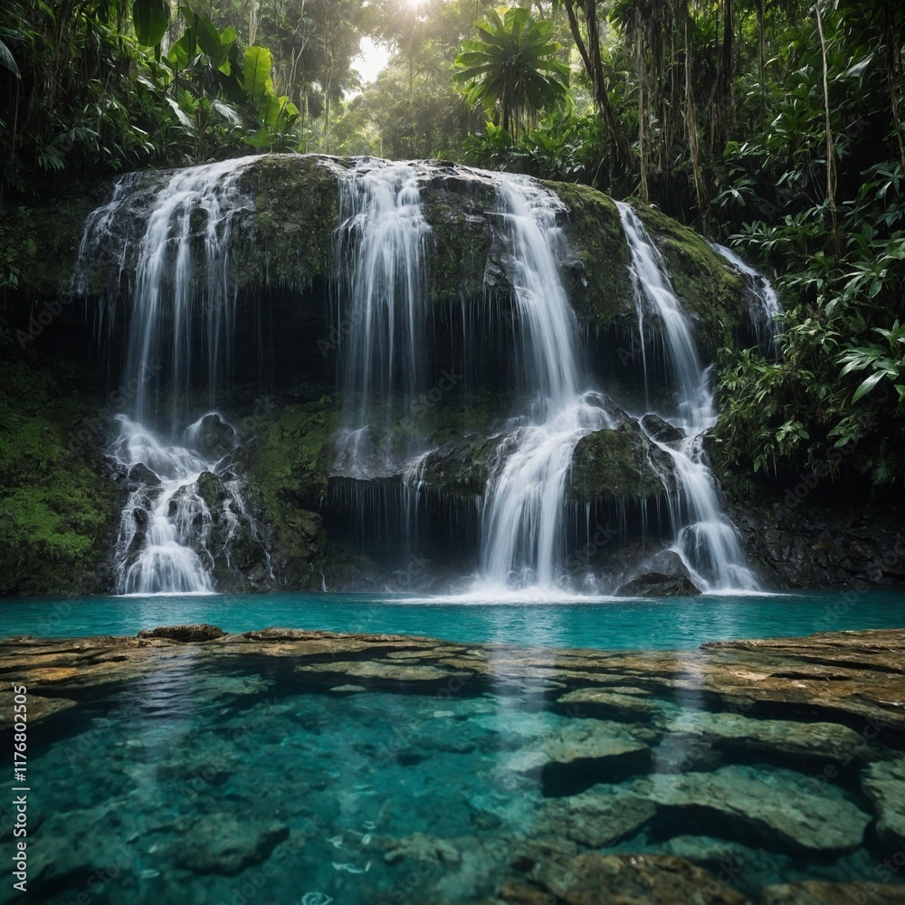 A waterfall tumbling into a crystal-clear pool in a tropical rainforest. A waterfall tumbling into a crystal-clear pool in a tropical rainforest.
