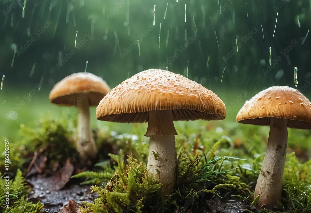 Fototapeta premium A photo of a forest floor covered in mushrooms with sunlight and raindrops in the background