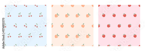 Seamless pattern of cherry, strawberry and peaches. Cute fruit prints. Juicy summer patterns for kids. Kawaii patterns with berries. Wallpaper templates, covers, wrapping, phone cases, prints