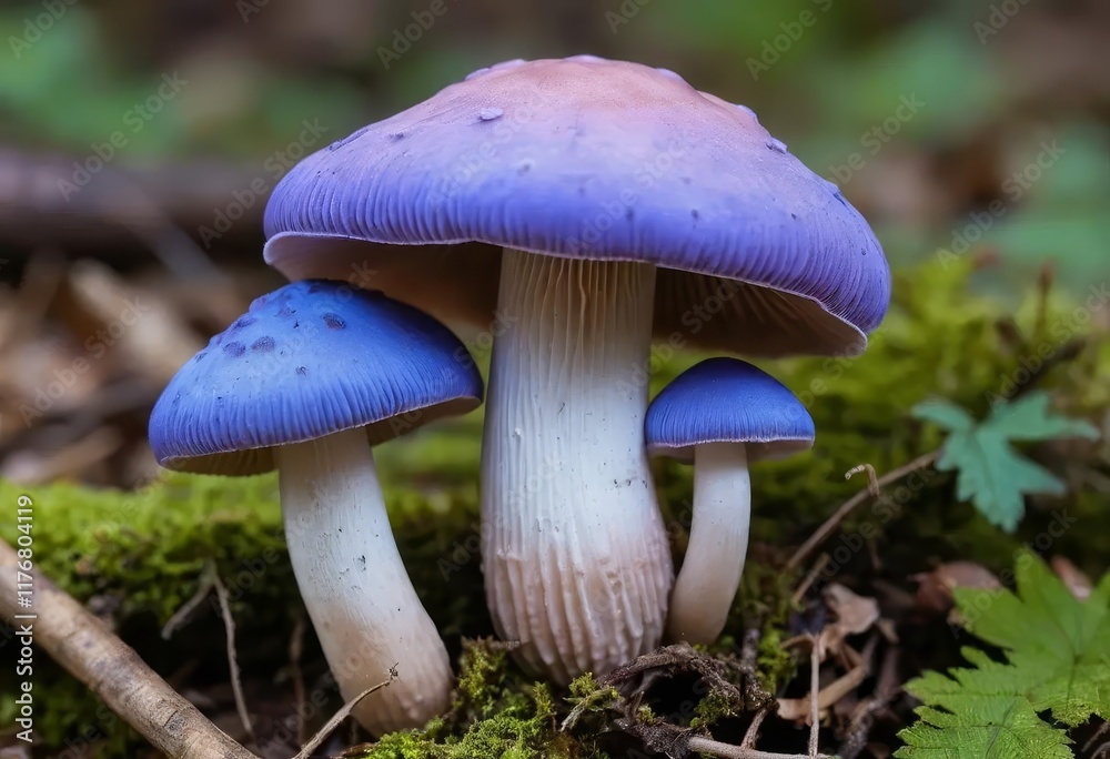 Fototapeta premium A close-up of a wood blewit mushroom with a blue and violet-tinted cap and gills