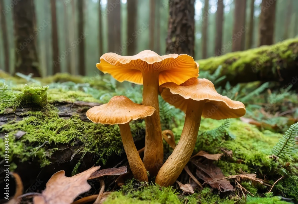 Fototapeta premium A close-up of a chanterelle mushroom growing in the forest
