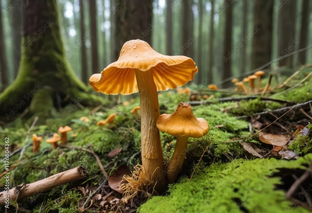 A close-up of a chanterelle mushroom growing in the forest A close-up of a chanterelle mushroom growing in the forest