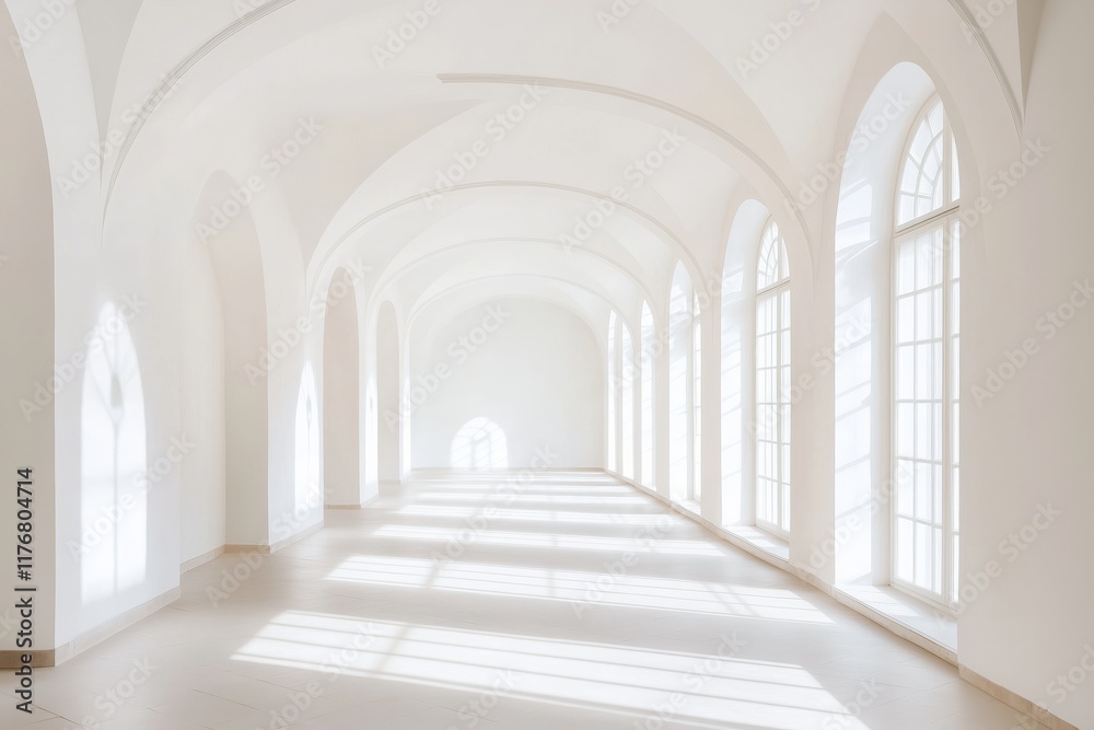 Bright and airy corridor with arches and large windows in a minimalist design Bright and airy corridor with arches and large windows in a minimalist design