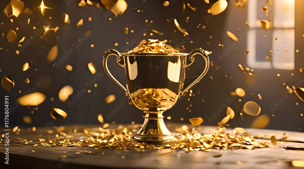 A shiny champion gold cup on a rustic wooden table, surrounded by sparkling gold confetti A shiny champion gold cup on a rustic wooden table, surrounded by sparkling gold confetti