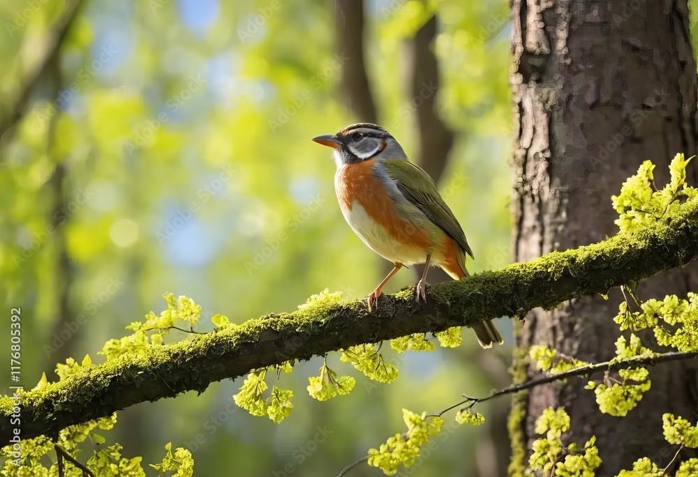 A bird perched on a branch in a sunny forest A bird perched on a branch in a sunny forest