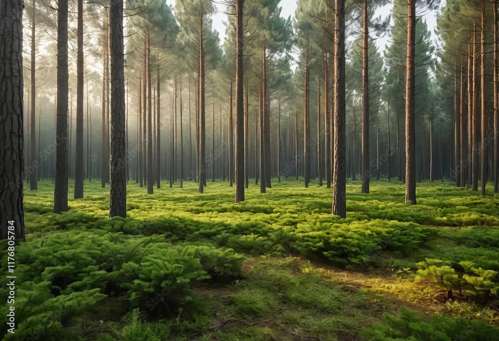 Fototapeta premium A photo of a pine forest with sunlight streaming through the trees