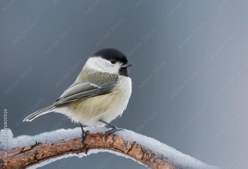 A Willow tit perched on a tree trunk in a snowy forest A Willow tit perched on a tree trunk in a snowy forest