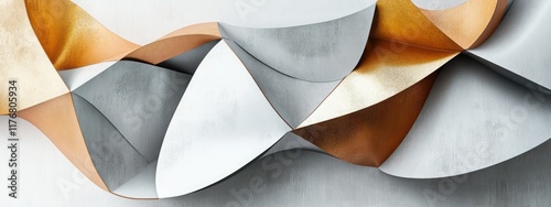 A conceptual depiction of interlocking geometric shapes in gold, silver, and copper tones, placed over a minimalist white background. 