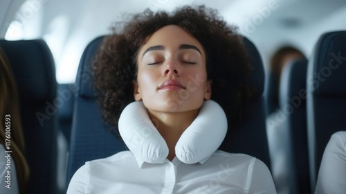 Travelers sleeping with neck pillows in an airplane cabin, highlighting comfort on the go