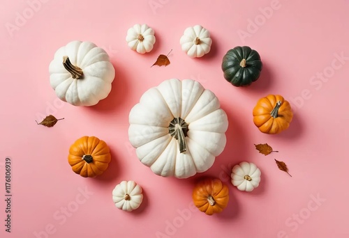 A flat lay of a white pumpkin on a pink background with other fall decor items scattered around it photo