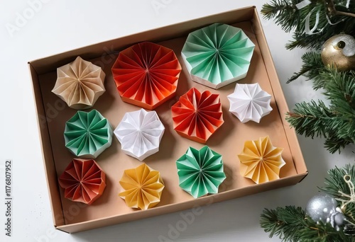 A box filled with Scandinavian-style paper honeycomb ornaments in different colors and shapes.