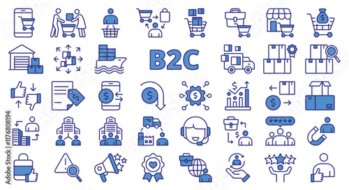 B2C icons set blue, icon in line design. B2C, icons, set, blue, business to consumer, commerce, retail on white background vector. B2C icons set blue editable stroke icons