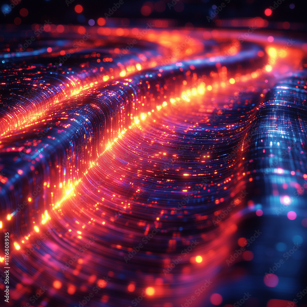  Abstract glowing trails of orange and blue particles