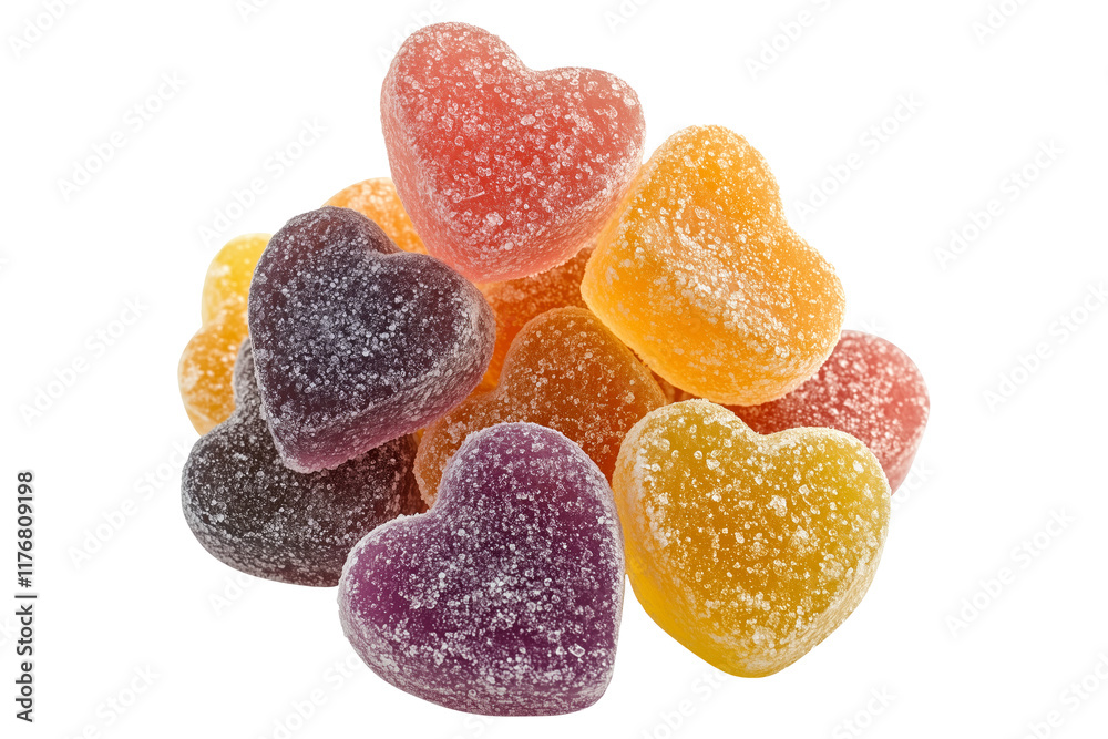 Heart shaped colorful jelly candies dusted with sugar isolated on white transparent background, representing sweetness and love Heart shaped colorful jelly candies dusted with sugar isolated on white transparent background, representing sweetness and love