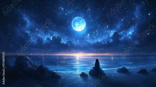Serene night scene with a full moon, starry sky, calm ocean, and lone figure on rocks.