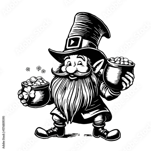 A cartton leprechaun clutching a pot of gold with a shamrock insignia is depicted in this generative AI fictional character raster graphic. photo