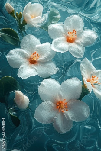 White flowers float on teal, swirling water.