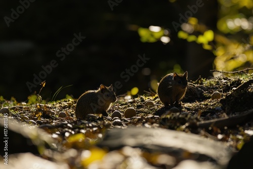 A pair of agoutis nibbling on fallen fruits in a sun-dappled forest clearing.  photo