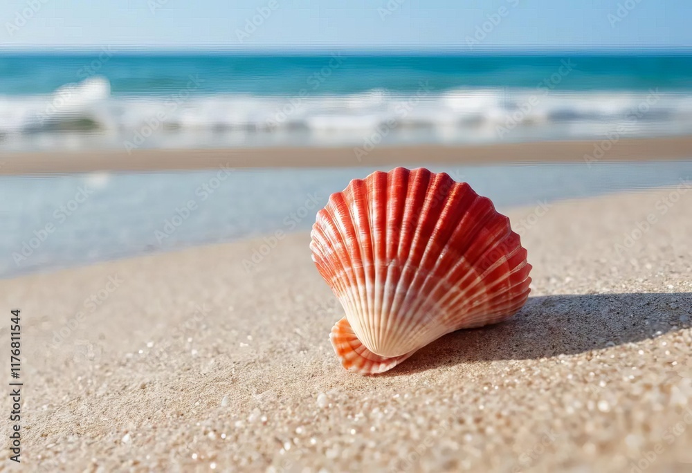 A red seashell on a sandy beach with the ocean in the background A red seashell on a sandy beach with the ocean in the background