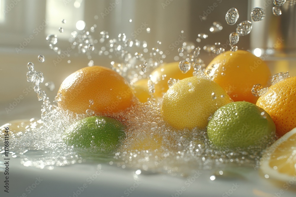 Juicy citrus fruits, oranges, lemons, and limes splashing in water, vibrant colors, healthy lifestyle.