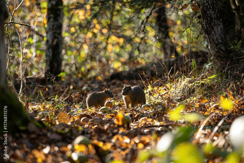 A pair of agoutis nibbling on fallen fruits in a sun-dappled forest clearing. A pair of agoutis nibbling on fallen fruits in a sun-dappled forest clearing.