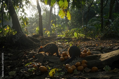 A pair of agoutis nibbling on fallen fruits in a sun-dappled forest clearing.  photo