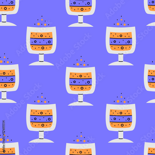 Bubbly Drink in Glass Seamless Pattern. Modern vibrant carbonated soda beverage cocktail background with colorful fizz liquid water. Repeat vector illustration