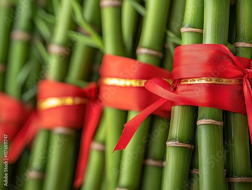 A close-up of green bamboo stalks tied with red ribbons, symbolizing good luck and prosperity. photo