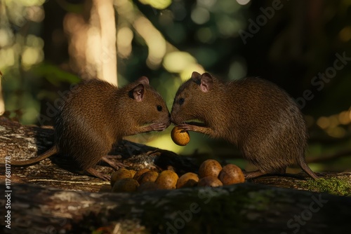 A pair of agoutis nibbling on fallen fruits in a sun-dappled forest clearing.  photo