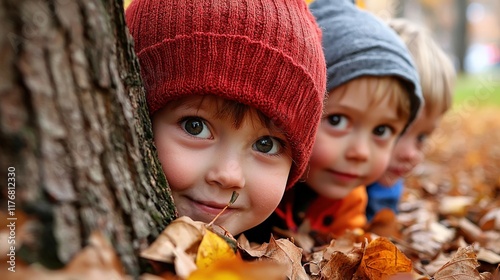 Children playing hide-and-seek in a leafy park, peeking out from behind trees photo