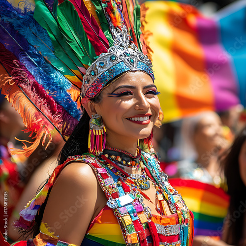 Festive pride parade featuring diverse cultural performances with rainbow flags in the background, 16:9 aspect ratio  photo