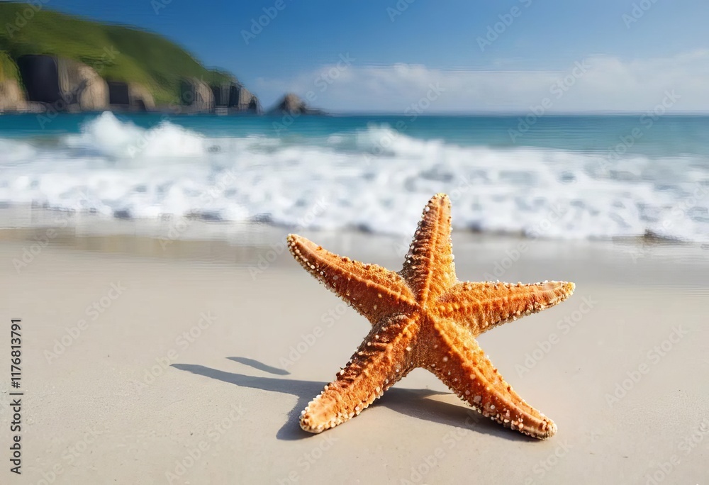 A starfish on a sandy beach with the ocean and horizon in the background A starfish on a sandy beach with the ocean and horizon in the background