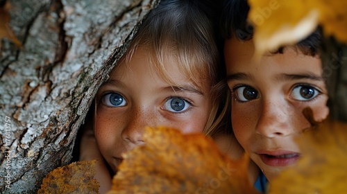 Children playing hide-and-seek in a leafy park, peeking out from behind trees photo