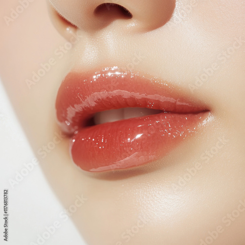 Close-Up of Glossy Lips in Korean Skin Care Style