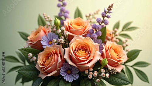 Elegant Bouquet of Peach Roses with Mixed Floral Arrangement and Soft Green Background