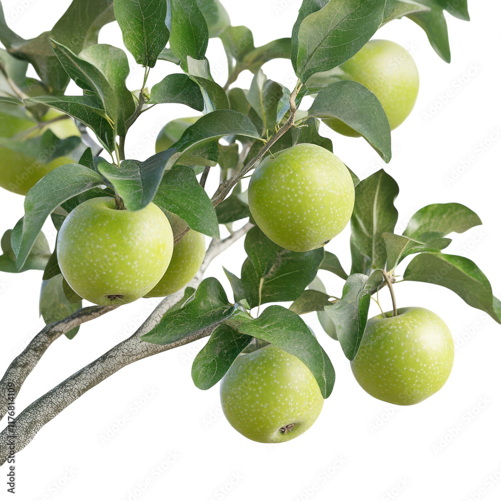 Fresh Green Apples Hanging on a Tree Branch on transparent background Fresh Green Apples Hanging on a Tree Branch on transparent background