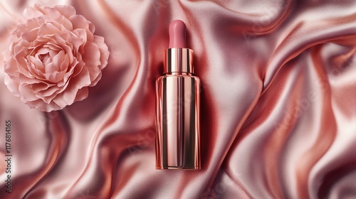 Elegant pink lipstick on luxurious silk with a flower, perfect for beauty and fashion. photo