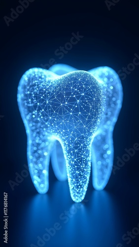 Glowing model of tooth on futuristic background, health, three-dimensional, digital, dentistry, modern