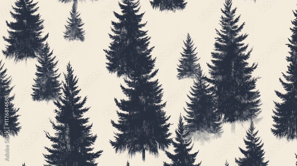 Fototapeta premium Seamless pattern of dark blue evergreen trees on a cream background.