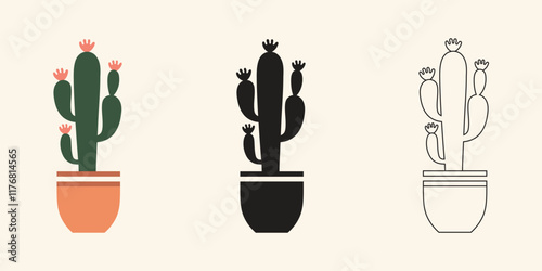 Cactus plant illustration, silhouette cactus plant and hand-drawn cactus plant in pot vector design photo