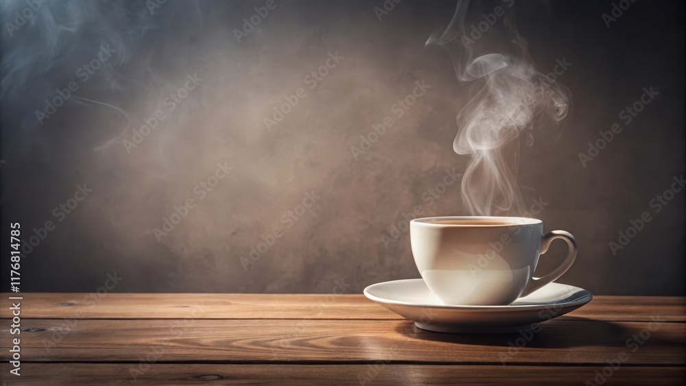 Steaming cup of coffee on a minimalist desk background , workspace, beverage Steaming cup of coffee on a minimalist desk background , workspace, beverage