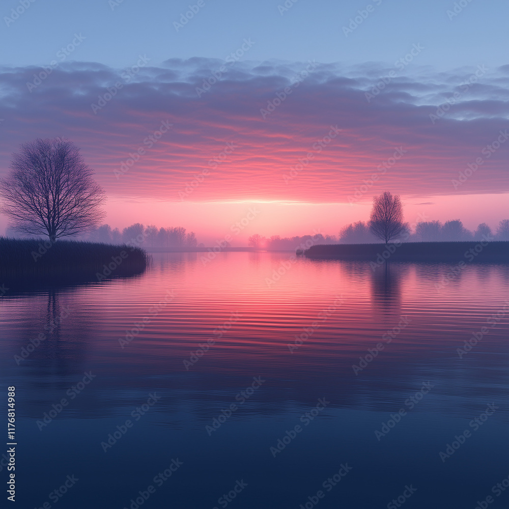 Fototapeta premium Misty sunrise over calm water in Future Dusk gradients