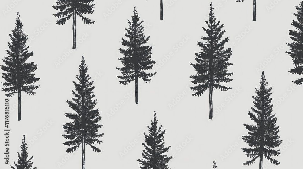 Obraz premium Seamless pattern of dark gray hand-drawn pine trees on a light gray background.